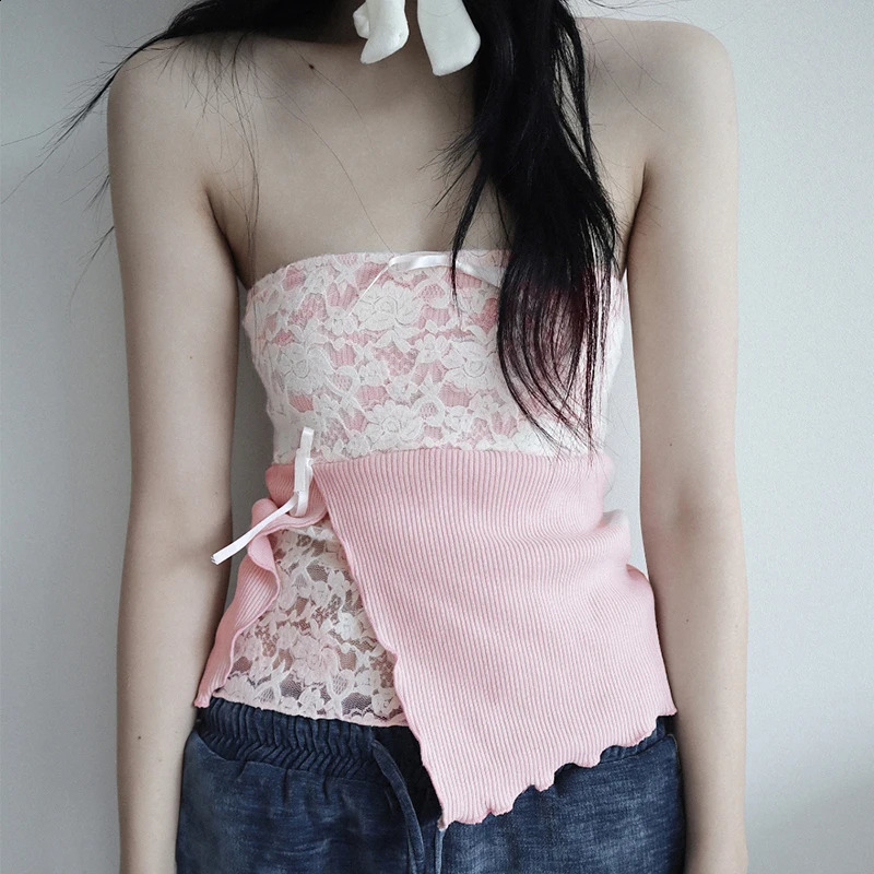 IAMTY Contrast Lace Splicing Tube Top Coquette Aesthetic Strapless Crop Cute Bow Decorative Jar Y2K Sexy Womens Tank 250319