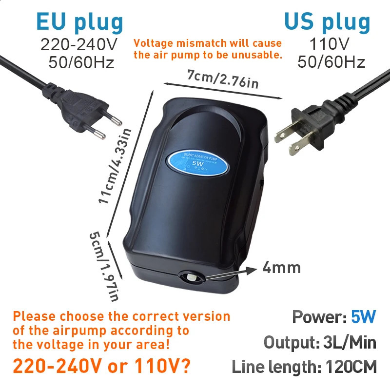 5W Aquarium Silent Air Pump 220V240V 110V Fish Tank Quiet Oxygen Accessories Bubble Stone Compressor 250318
