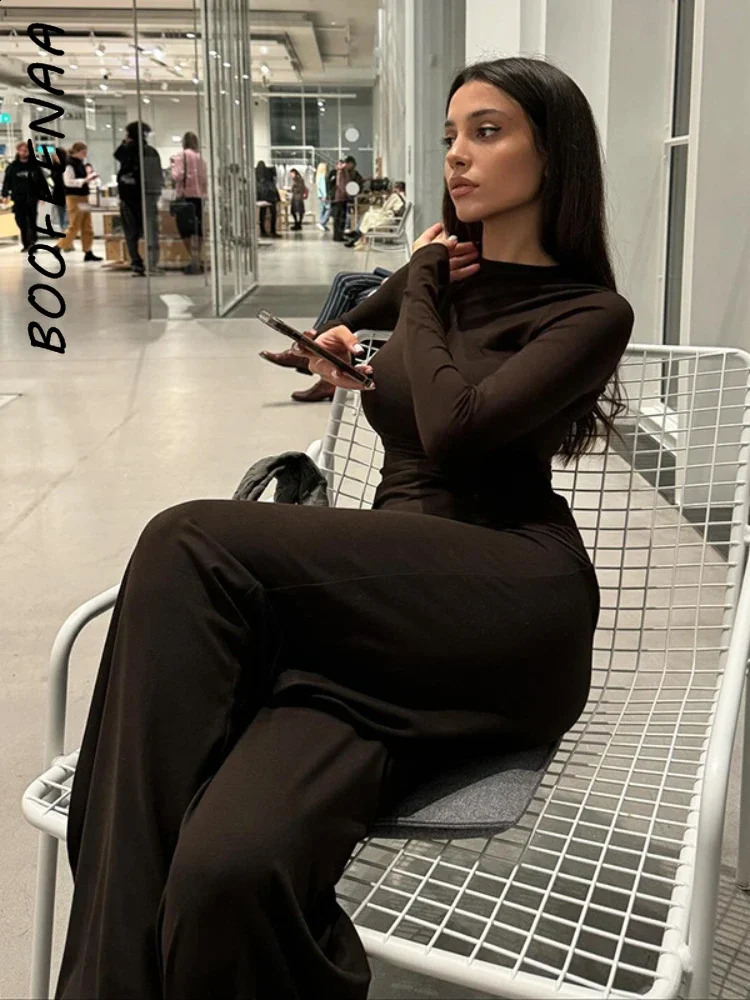 BOOFEENAA Fall Winter 2 Piece Set Long Sleeve Top Wide Leg Pants Suit Casual Clothing Cozy Lounge Sets Women Outfit C85-DZ40 250319