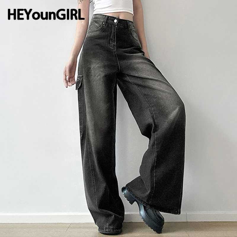 HEYounMIRL Harajuku Street Clothing Luggage Jeans High Waist Slow Speed Suitable for Casual Fashion Y2K Super Large Jeans Korean Spring SetT250319
