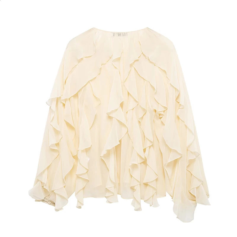 Willshela Womens Fashion Solid Ruffle Single Chest Shirt Retro Vneck Long Sleeve y250319