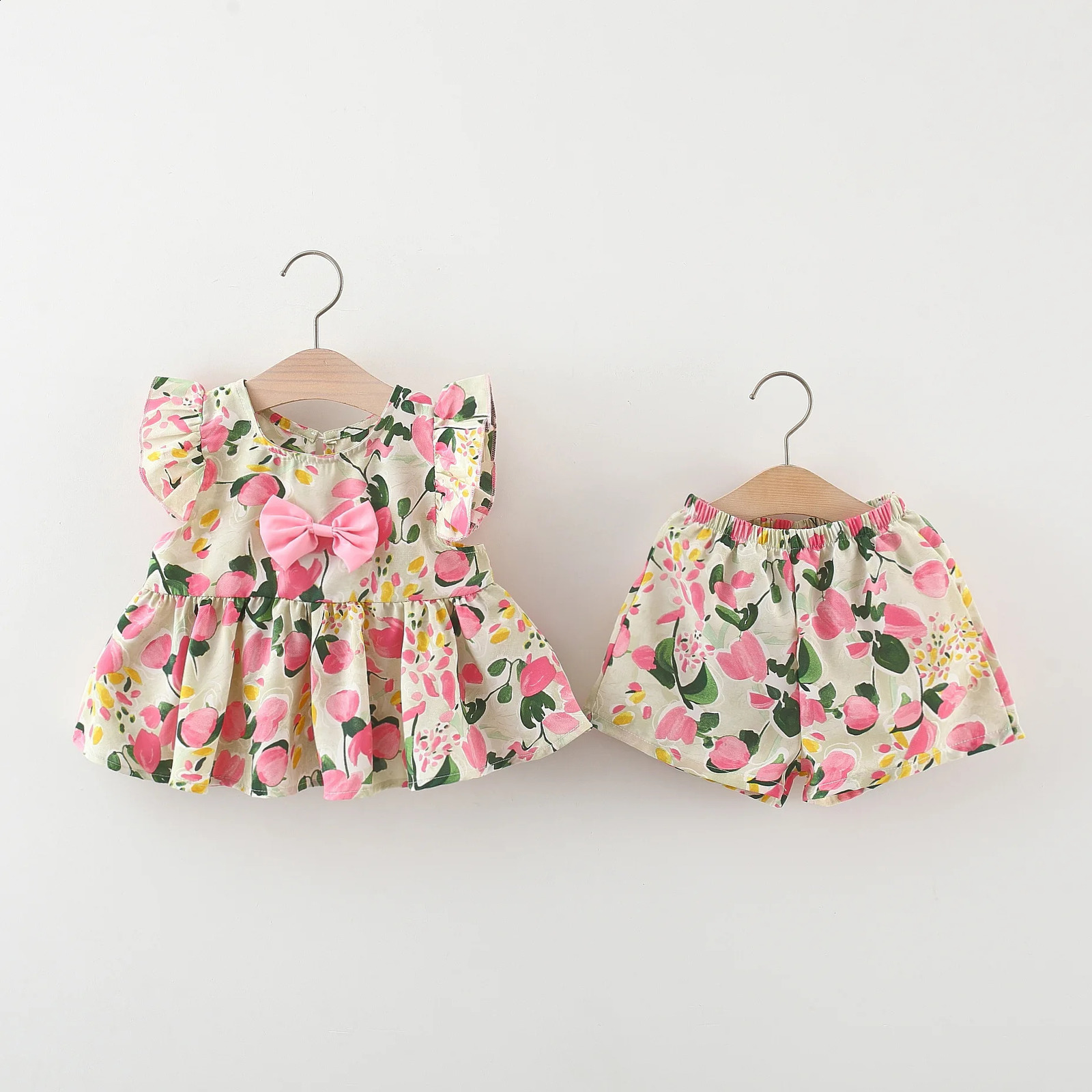 03 years old Summer girl peach print bow sleeve top and shorts set cute cotton twopiece for girls 250319