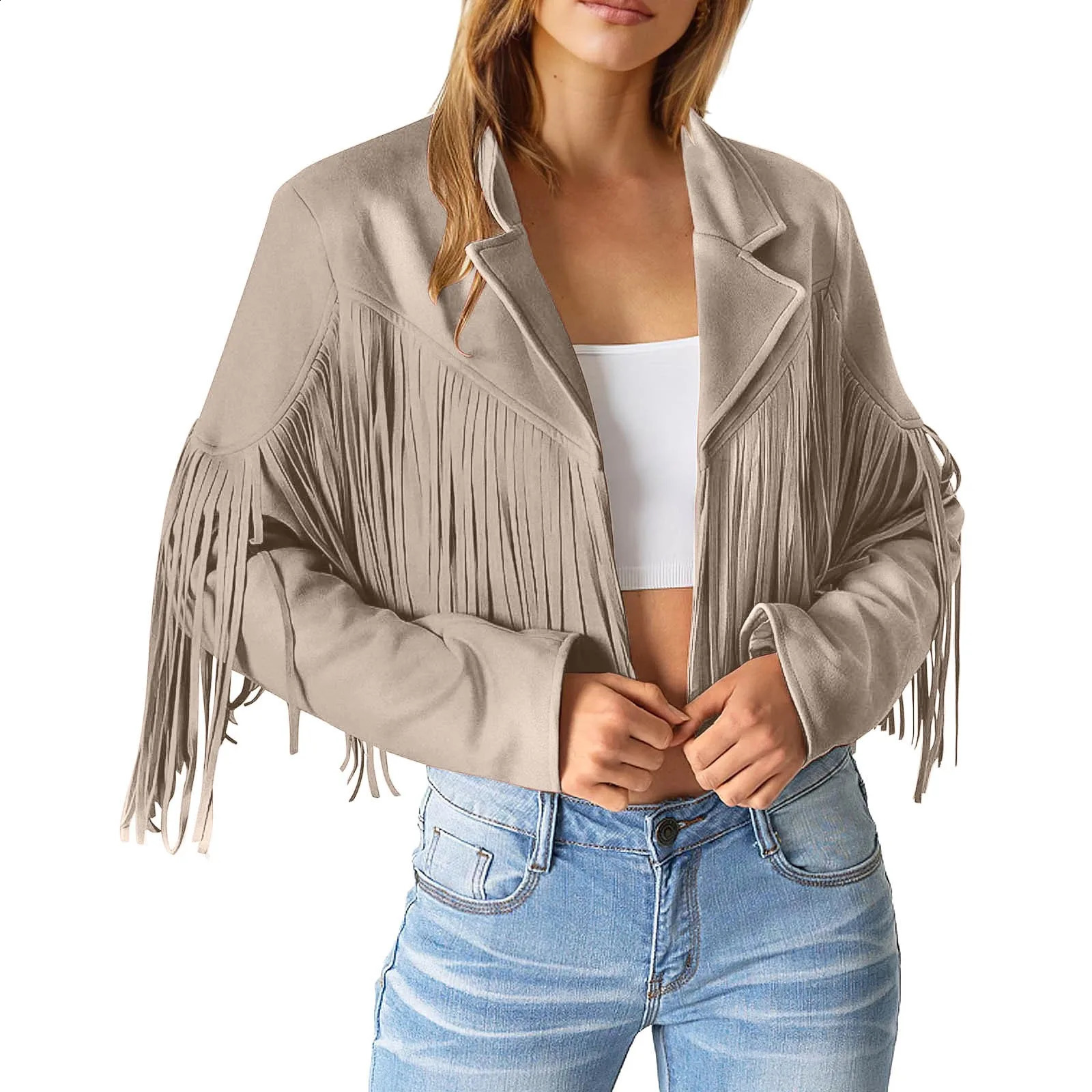 Womens commercial jacket womens edge synthetic suede leather fashionable tassel motorcycle cutting 250317