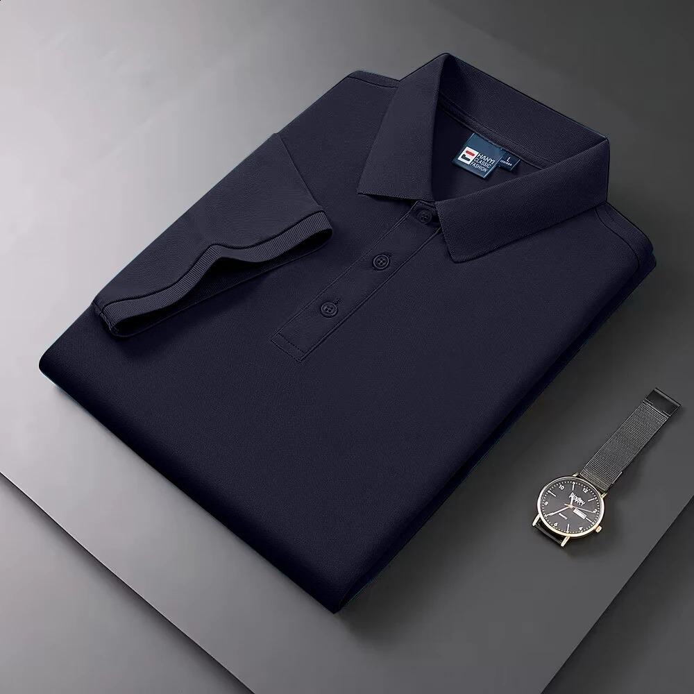Summer Mens Ice Silk Seamless T-shirt with Collar Business Solid Color Half Sleeve Polo Shirt 250317