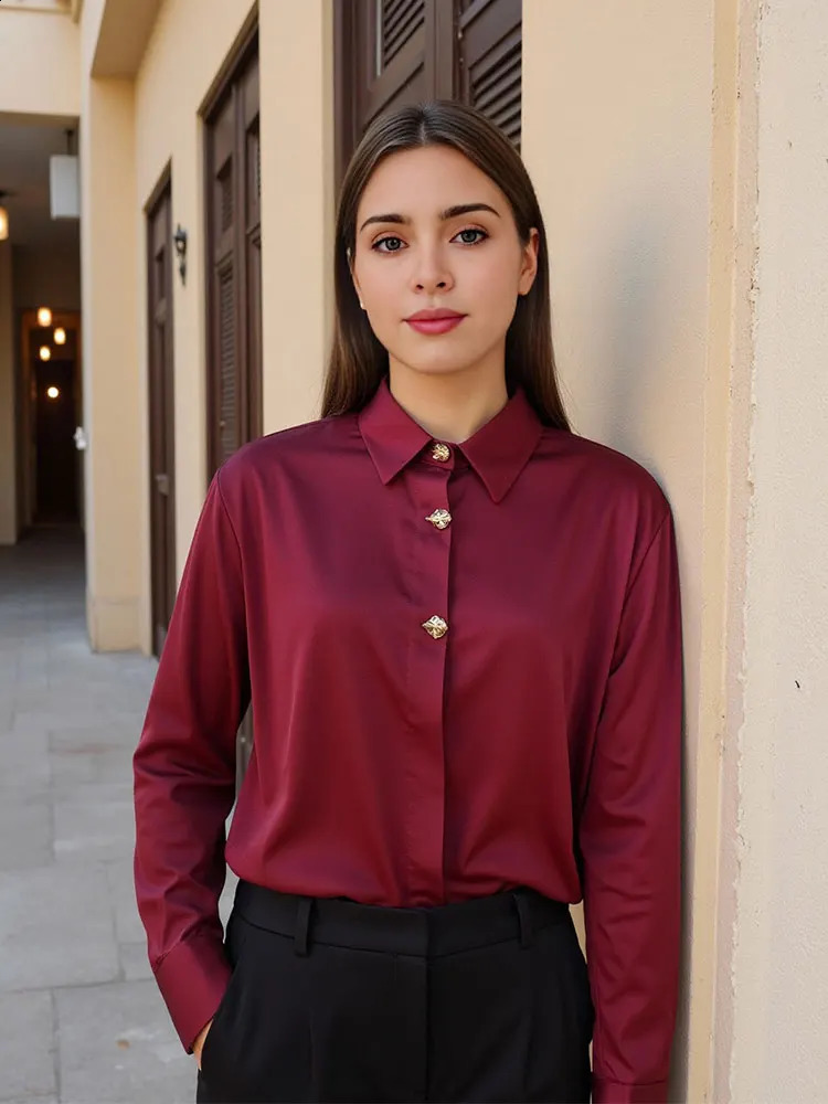TRAFZA Womens Fashion Wine Red Shirt Retro Gold Button Long Sleeve 2025 SpringSummer Formal Office Casual Top 250319