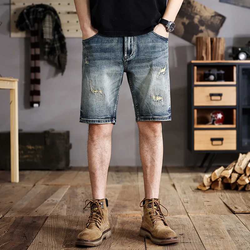 New American Teen Retro Denim Shorts Mens Summer Tight Pants Street Tight Elastic Five Minute Pants W250319