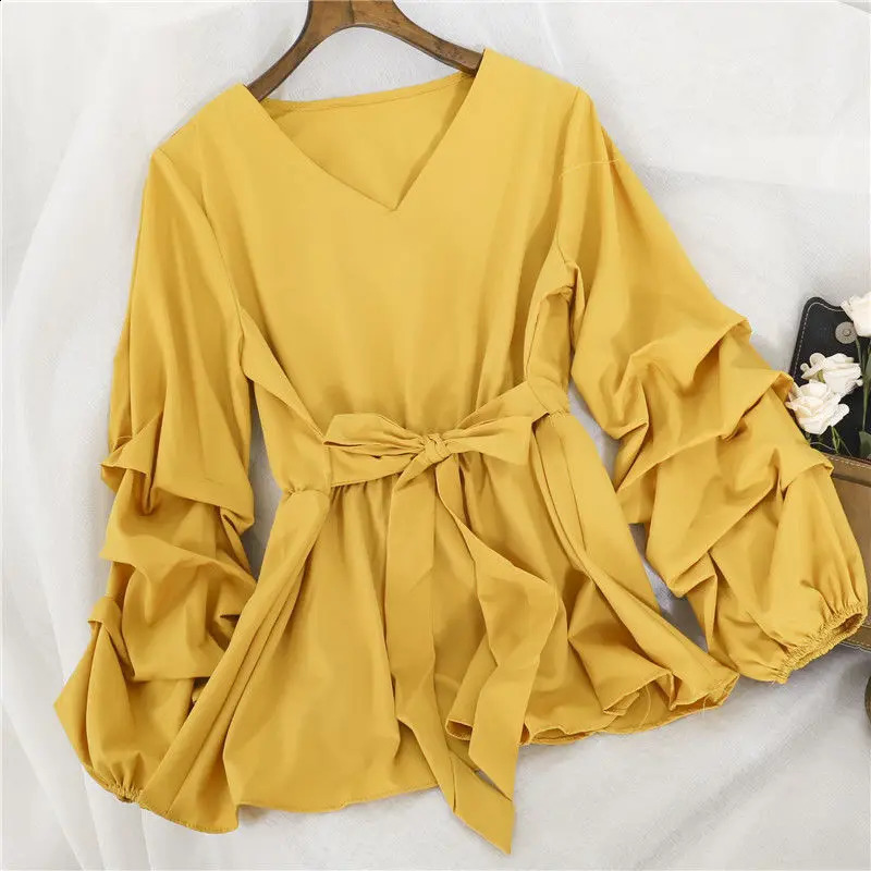Womens Spring Lantern Sleeve Abdominal Top Warm Waist Office Exposed Collar Chiffon Shirt 250319