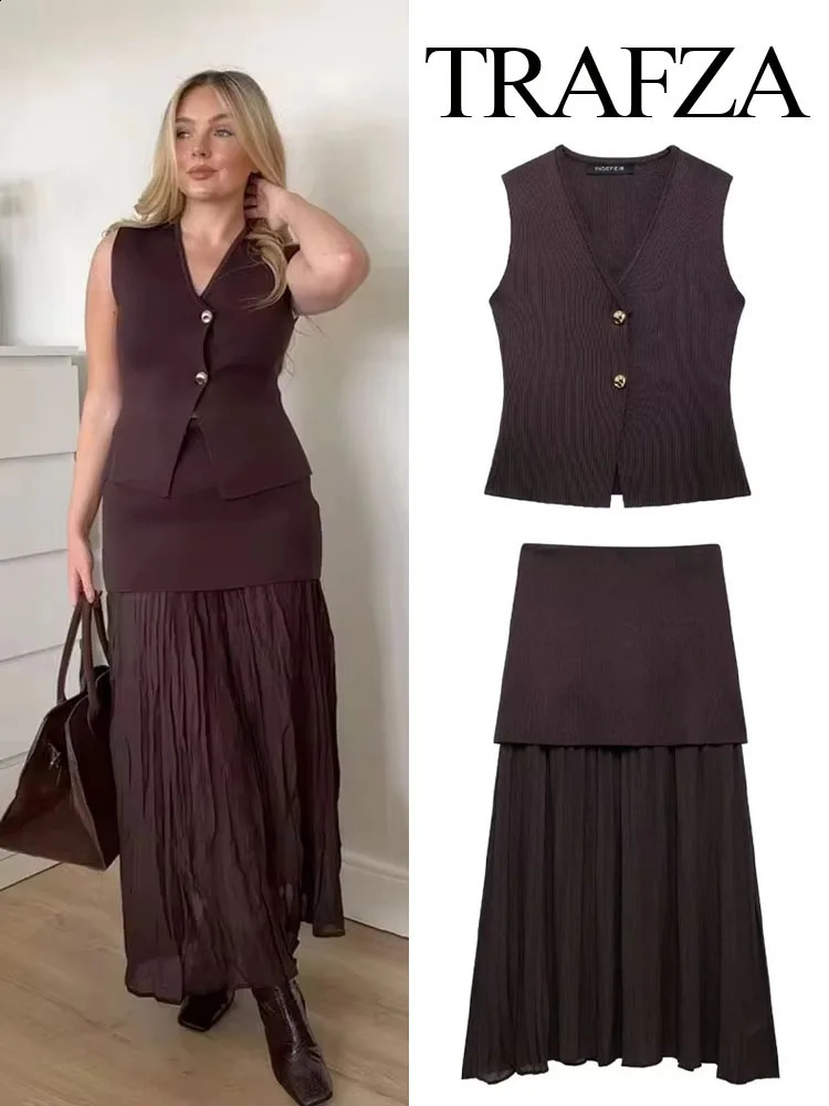 TRAFZA Womens 2piece Unique Vneck Sleeveless Button Knitted Tank TopSplicing High Waist Side Zipper Ankle Length Skiing 250318
