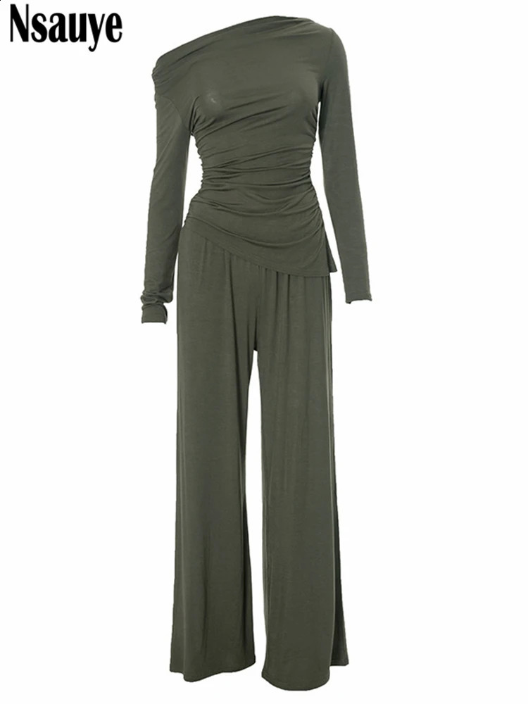Nsauye Y2K Women Casual Autumn Tracksuit Long Pants Two Piece Set Ruched Streetwear Long Slevee Tops High Waisted Sexy Pants Set 250319