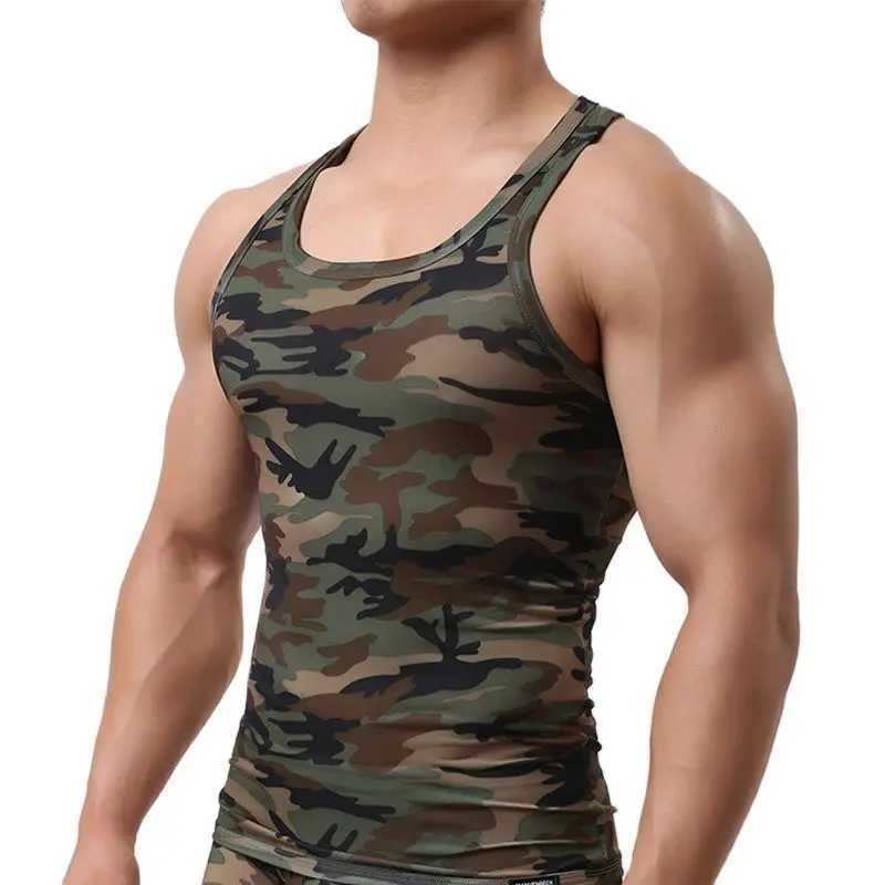 CLEVER-MENMODE quick drying mens tank top sleeveless fitness shirt camouflage single shoulder strap fitness vest elastic clothingT250318