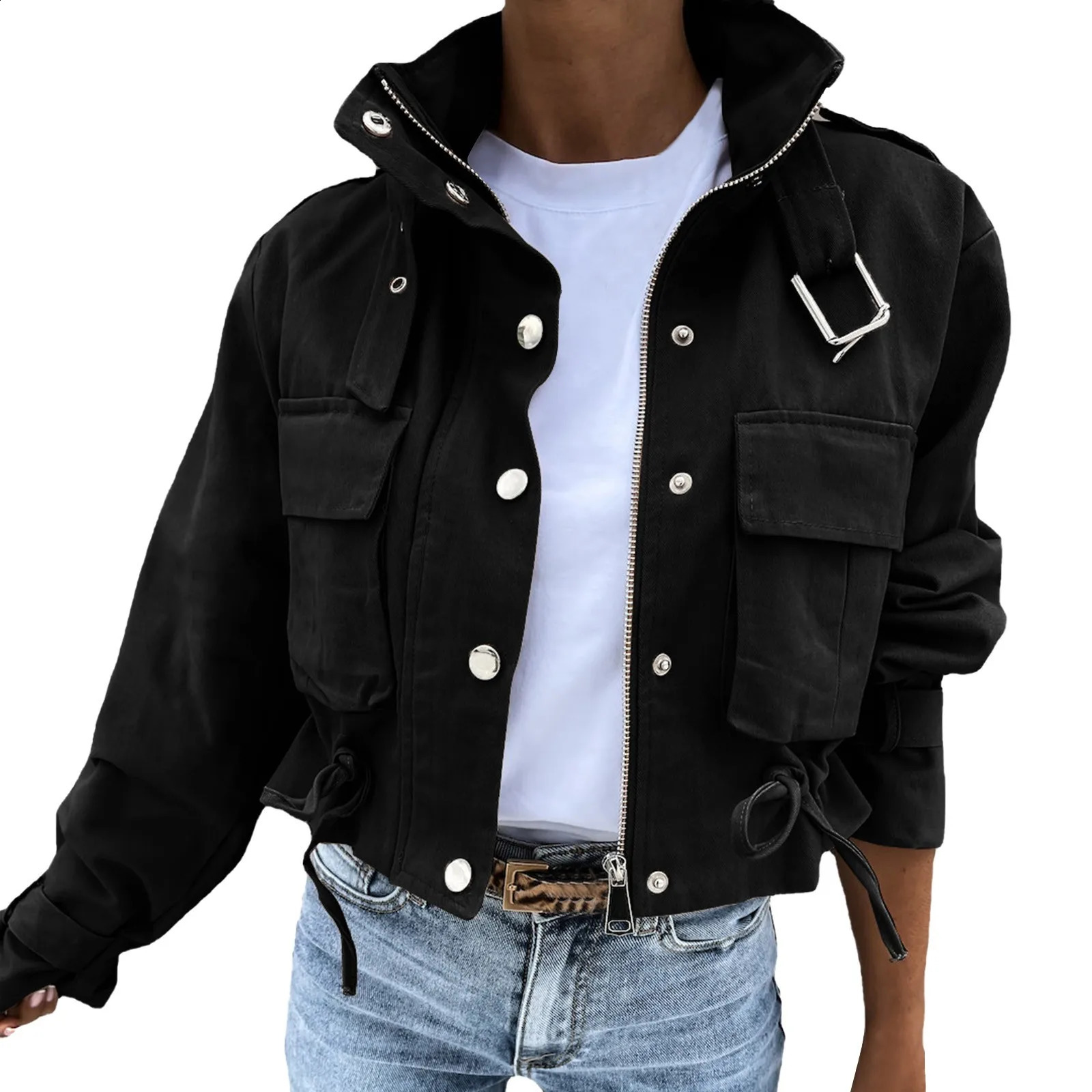 Outerwears Jackets Woman Women Casual Solid Button Long Sleeve Jacket Breasted Vest Pocket Loose Womens Leather 250317