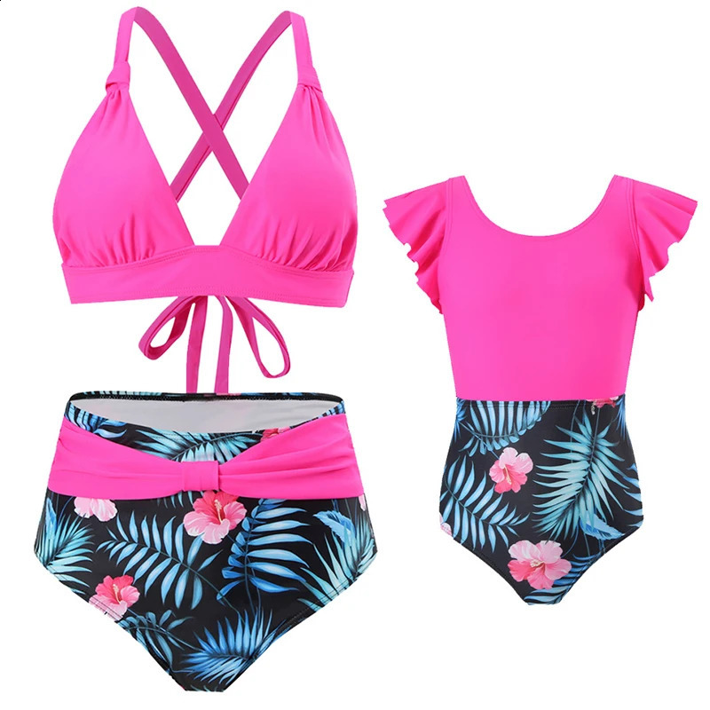Mother Daughter Matching Swimsuits Family Set Ruffled Mommy and Me Swimwear Flower Fashion Women Girls Bikini Dresses Clothes 250319