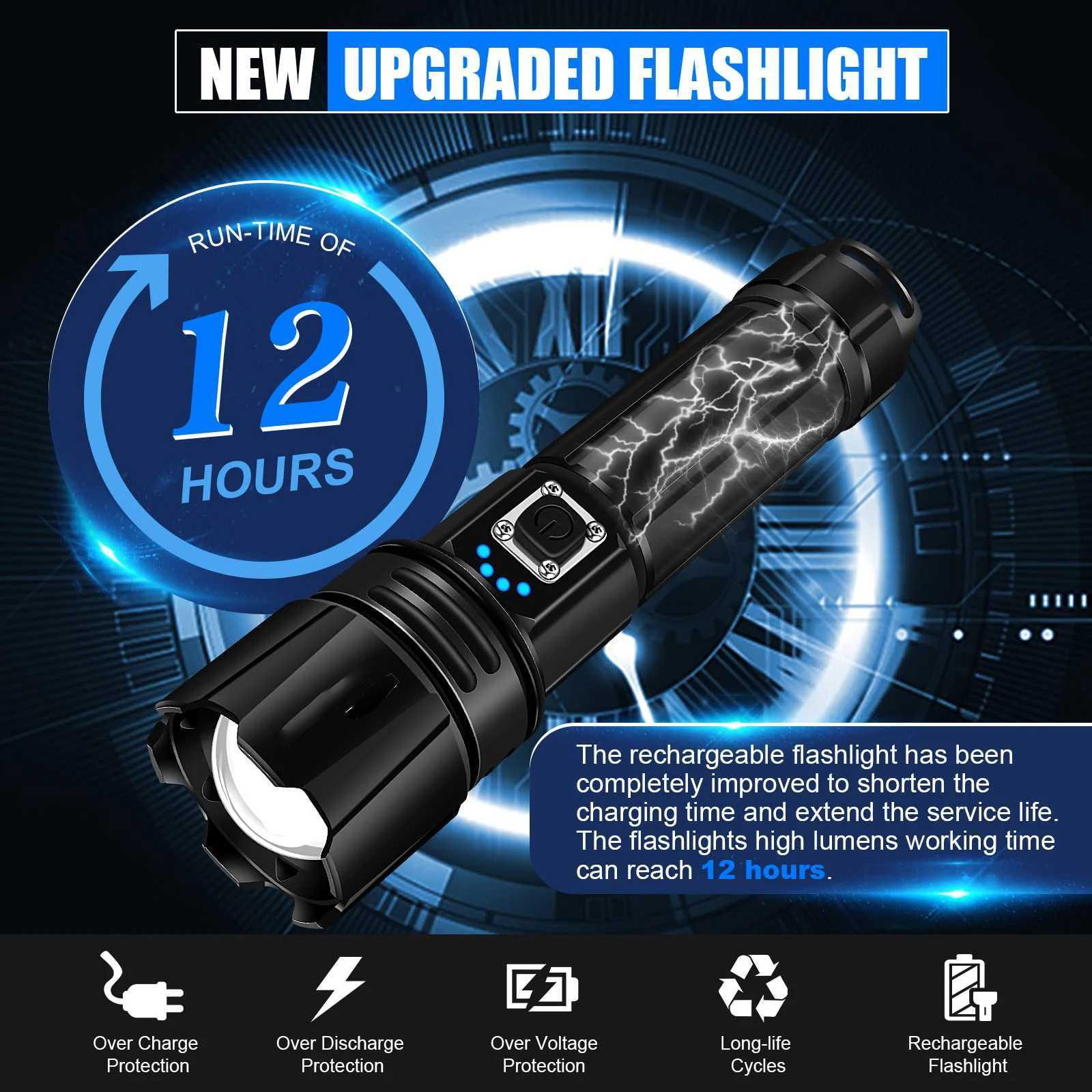 Rechargeable Flashlight d 950000 Lumen XHP70.2 Super Bright Flash Light High Powered Handheld Flashlights IP67 Waterproof W250319