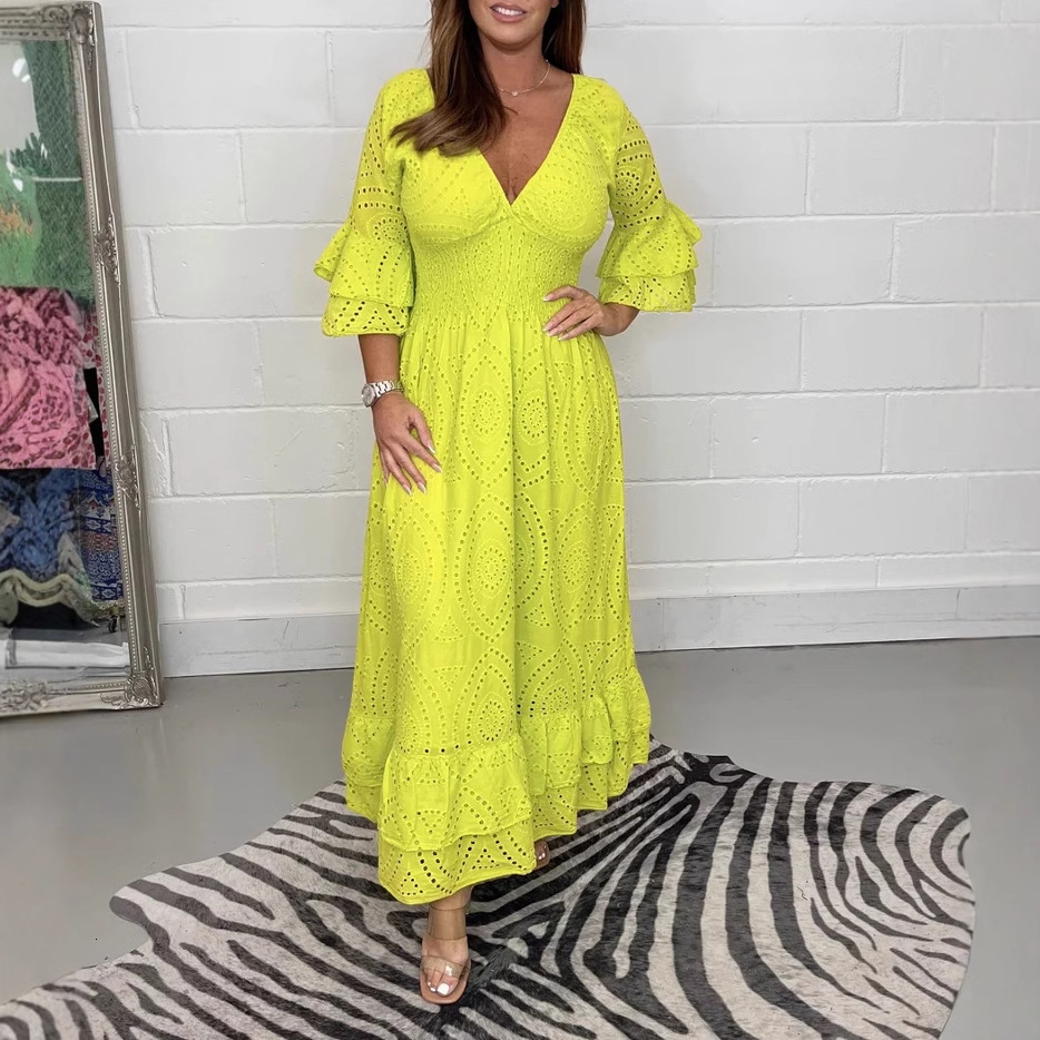 GY24118 Fashion V-neck Flare Sleeve Large Swing Cotton Leprosy Dress New Product