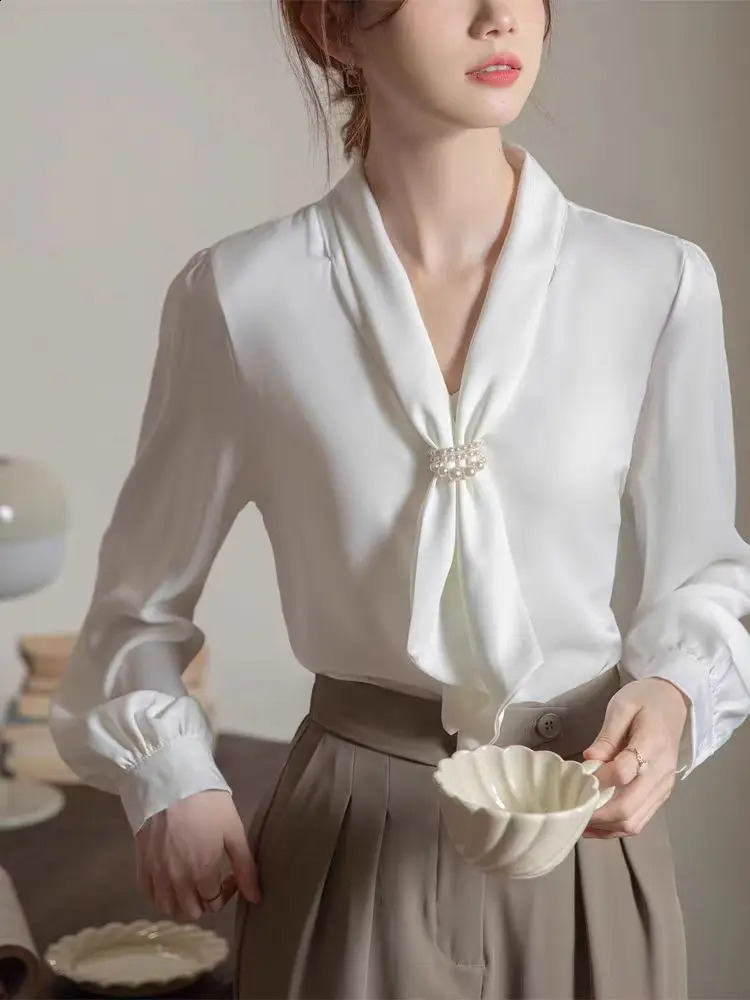 2025 Fashion Satin Shirt Womens Top Office Long Sleeve Elegant with Vneck Loose Clothing 250319