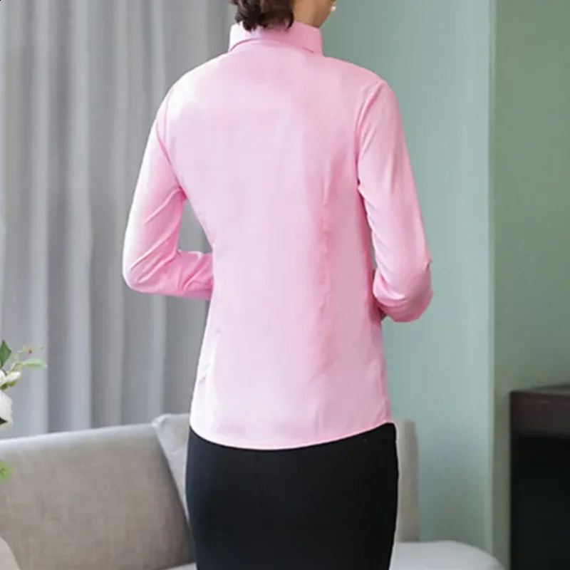 Elegant womens shirt white long sleeved office business pink button solid work top 250319