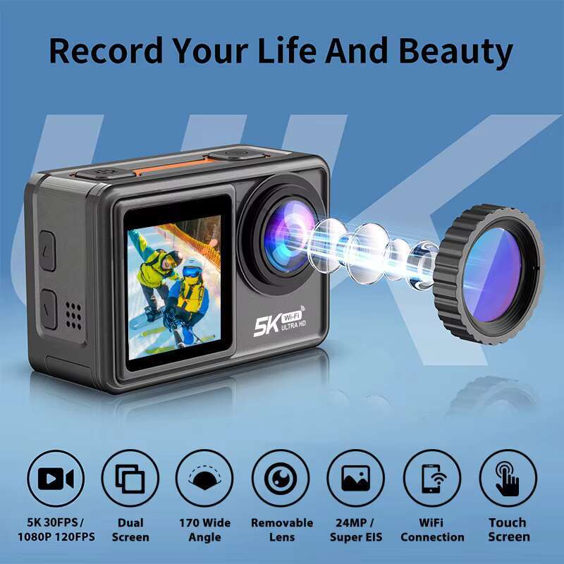 High Quality Tracking Head Waterproof Touch Dual Colorful Screen Action Camera 4K 5K with WIFI and EIS