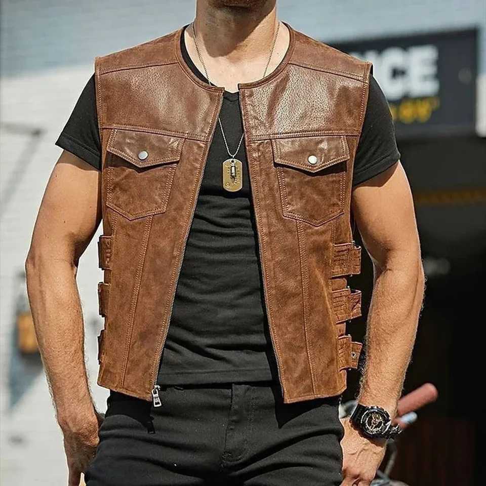 Fashion Biker Faux Leather Vest Coat Waistcoat Mens Motorcycle Vest Solid Color Pocket Zip Up Man Tops Strtwear X250319
