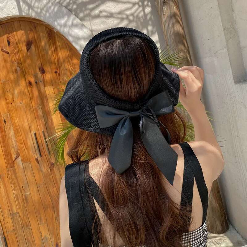 Summer Empty Top Ribbon Bowknot Straw Hats For Women Ppy Panama Sun Hat Travel Beach Female Foldable Sunscreen Cap