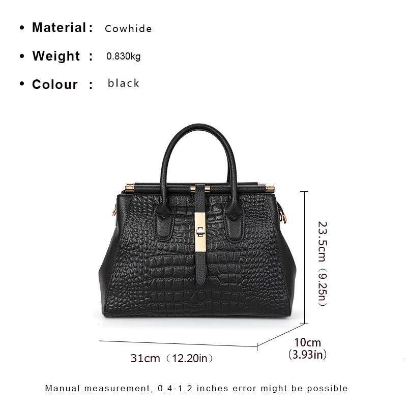 Aidrani Genuine Leather Women's Handbag, Large Capacity Crocodile Patterned Cowhide Bag, Black