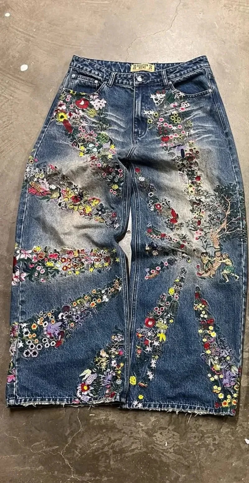 American Oversized Floral Print Straight Jeans Women High Street Retro Hip Hop Loose Wash Fashion Girl Casual Y2K 250317