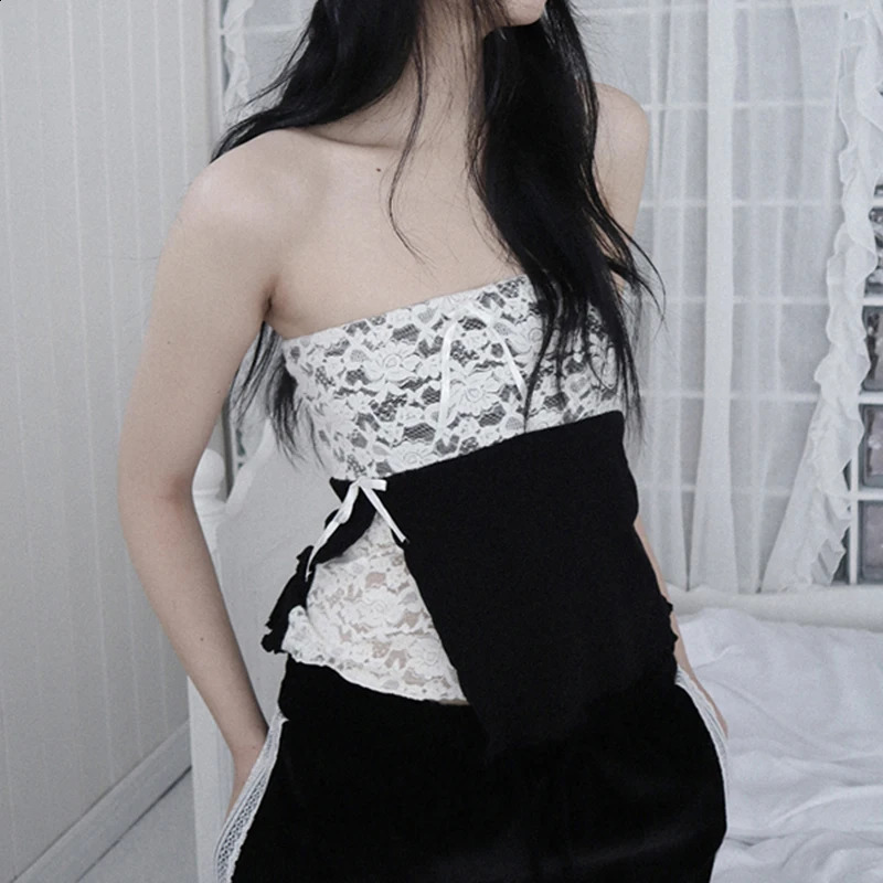 IAMTY Contrast Lace Splicing Tube Top Coquette Aesthetic Strapless Crop Cute Bow Decorative Jar Y2K Sexy Womens Tank 250319