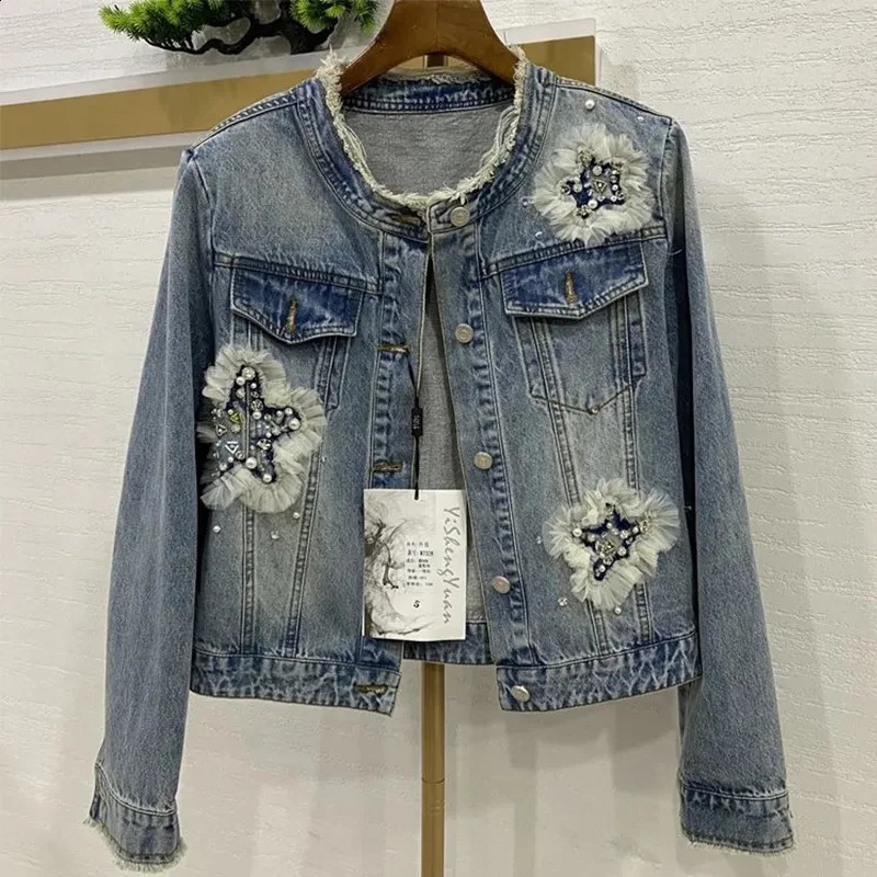 Womens denim jacket spring/summer heavy industry beaded denim jacket fashionable O-neck short dress womens clothing 250317