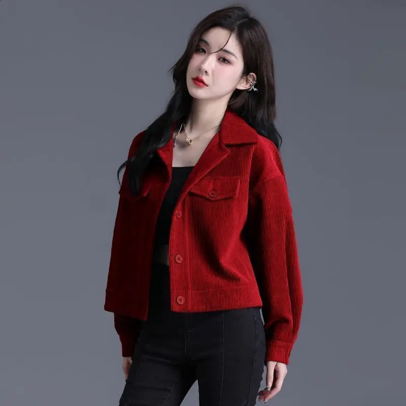 Corduroy jacket womens lapel 4 colors simple single chest student clothing autumn full match Korean style 250317