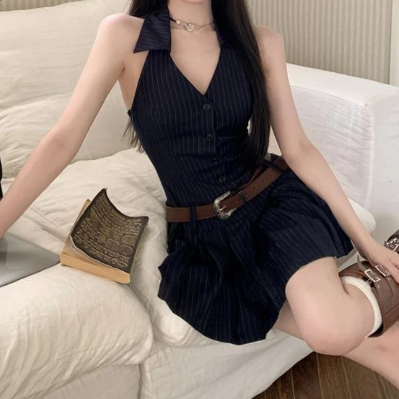 HOUZHOU Striped Mini Women Pleated Dresses Sexy Backless Chic One Piece Short Dress Sleeveless Streetwear Y2k sweet Dress 250319