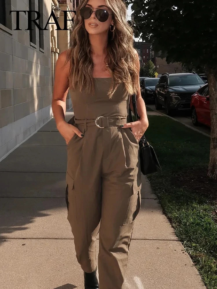 TRAFZA Spring Women Fashion Y2K Jumpsuit Solid Green With Belt Sleeveless Green Cargo Pants Loose Chic Female Clothing Street 250319