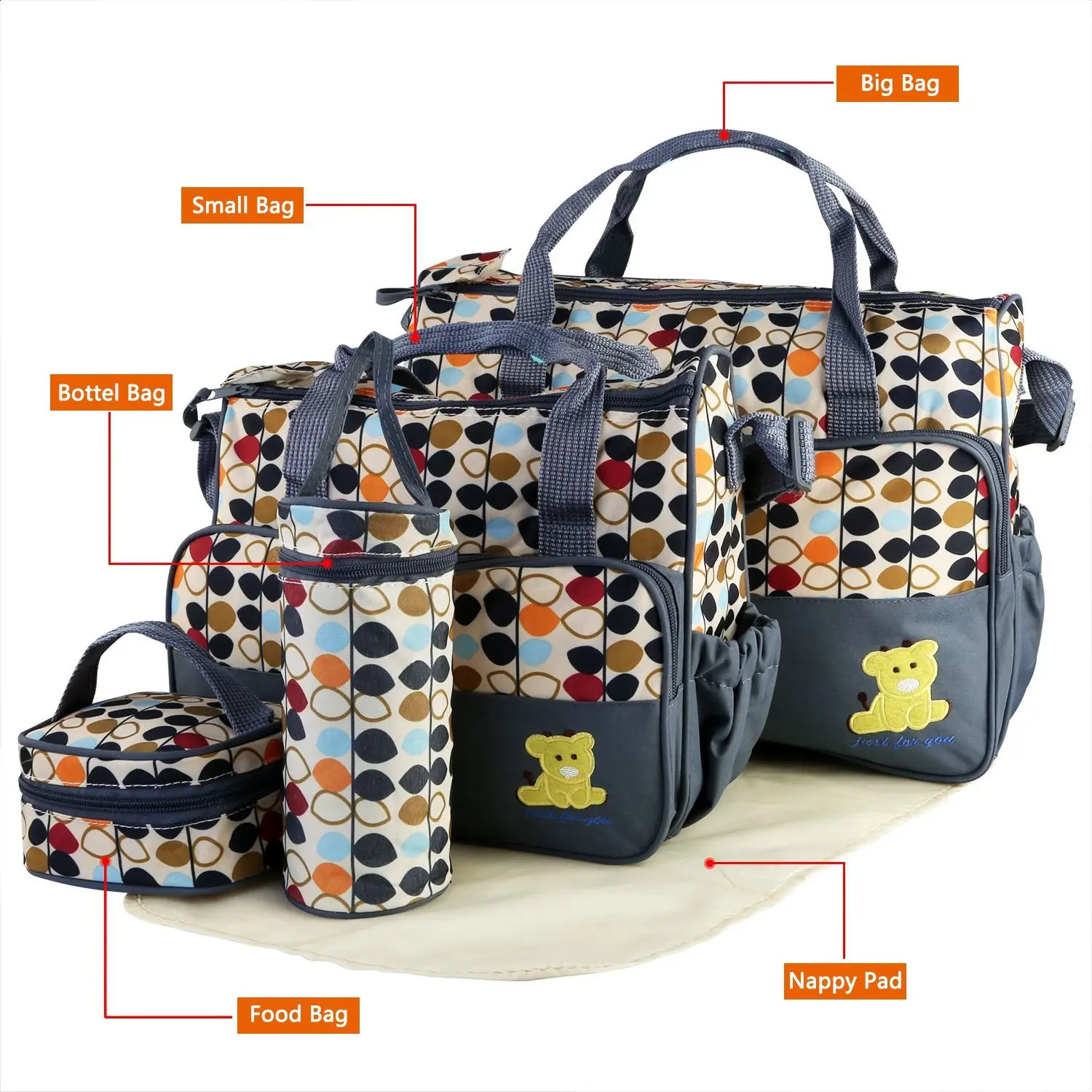 5PCS Baby Nappy Diaper Bags Set Mummy Diaper Shoulder Bags w/ Nappy Changing Pad Insulated Pockets Travel Tote Bags 250319