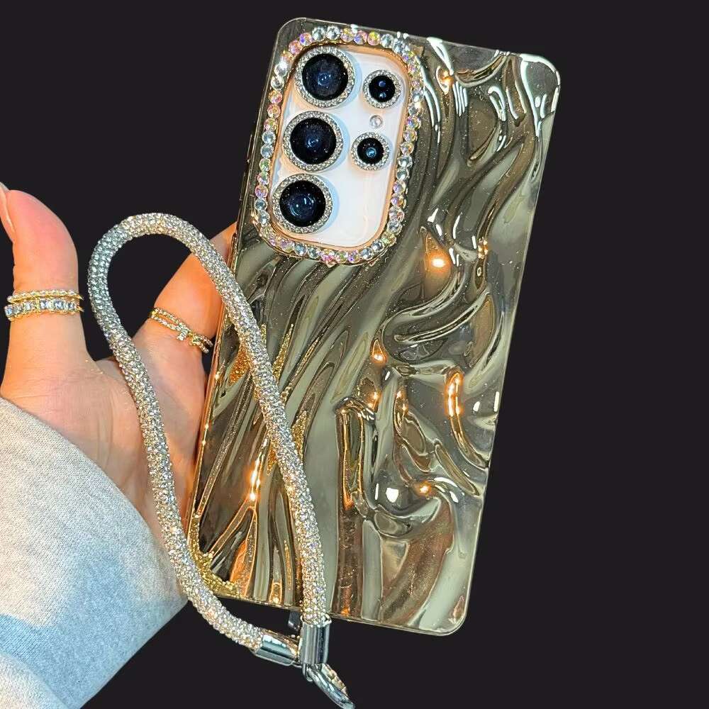 Stylish Glitter Strap Chain Phone Case for Samsung Galaxy S25 Ultra S24 Plus S23 Fe A14 A15 A16 A25 A36 A56 A35 A55 A05