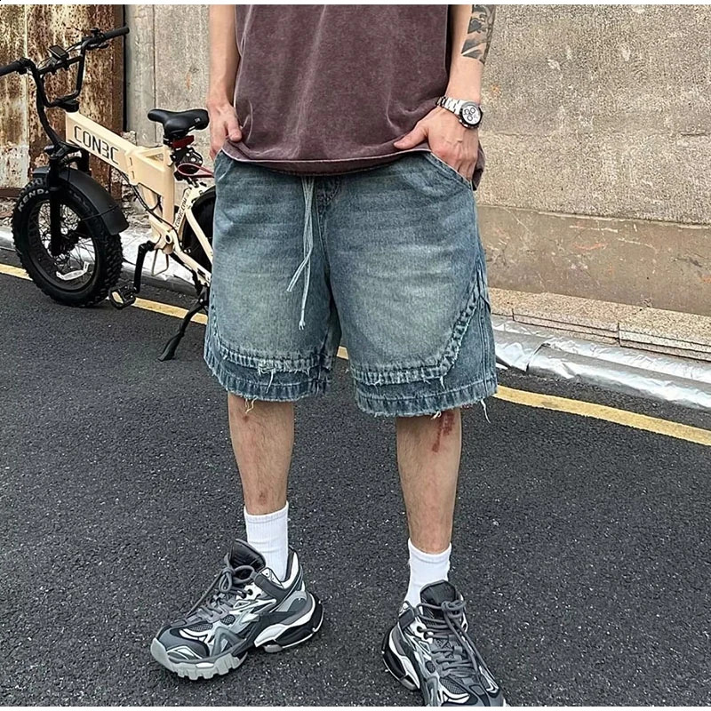 Mens Vintage Lace Up ned Denim Shorts Summer High Waist Knee Length baggy Jeans Casual Fashion Streetwear Trousers 250319
