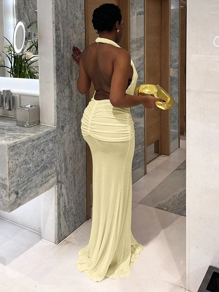 Nibber Elegant Peach Buttocks Sexy Dress Women Halter 2025 Summer Sexy Thin Y2K Backless V-Neck Knot Ribbon Birthday Vestidos 250319