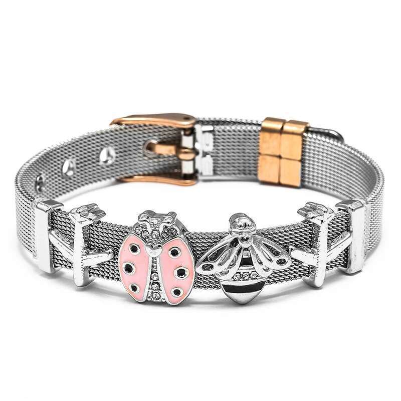 High Quality 10mm Stainless Steel Mesh Bracelets With Bees Beads Charm Keeper Bracelets Bangles For Women Fashion Jewelry Gift