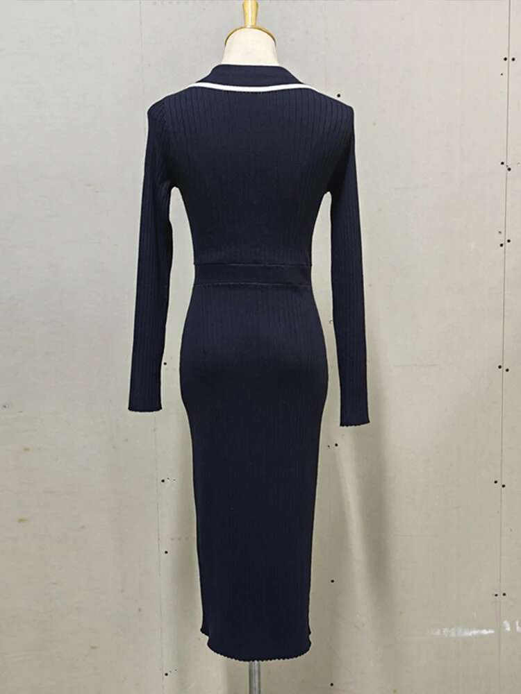 dongdumaoyi Ladies Elegant Full Sleeve Dresses Knitted V neck Slim High Waist Long Dress For Women Autumn Casual Party Evening Sweater Dress