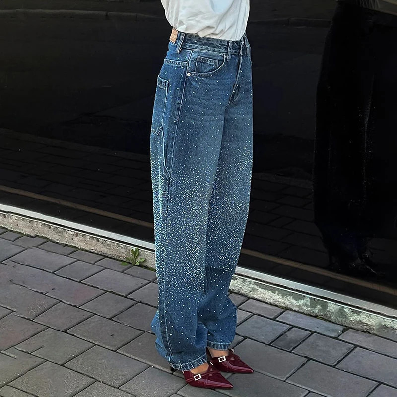 Gradient blue womens jeans with rhinestone n button high waiting for casual straight through fashion spring outfit Trouser 250317