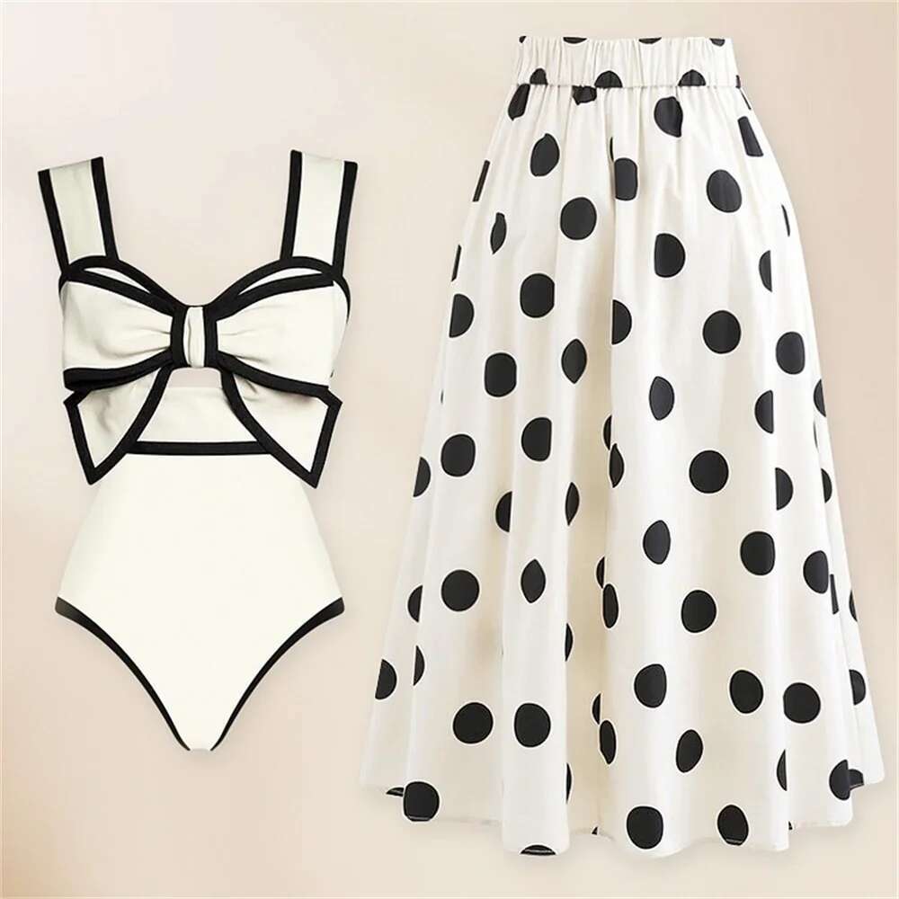 Black and white retro one-piece swimsuit, tie, skirt, sexy, monokini, beachwear, beachwear, 2025
