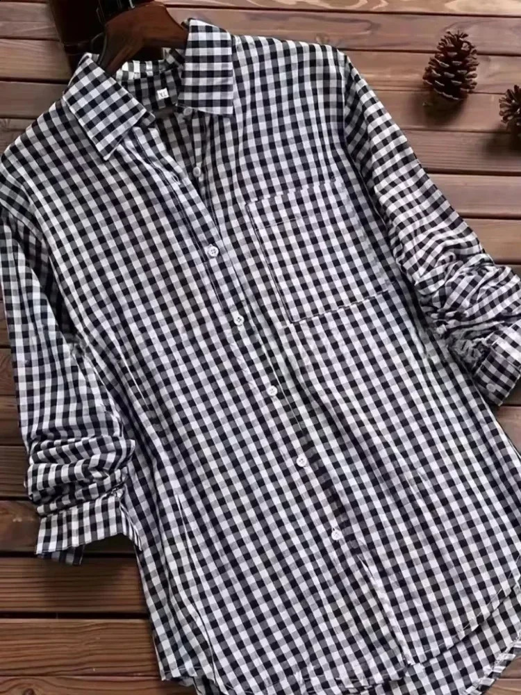 Plaid Womens Spring Fall Cotton Linen Long Sleeves Roll Up Striped Casual V Neck Button Down Shirts Blouses Collar Tunic Tops 250312