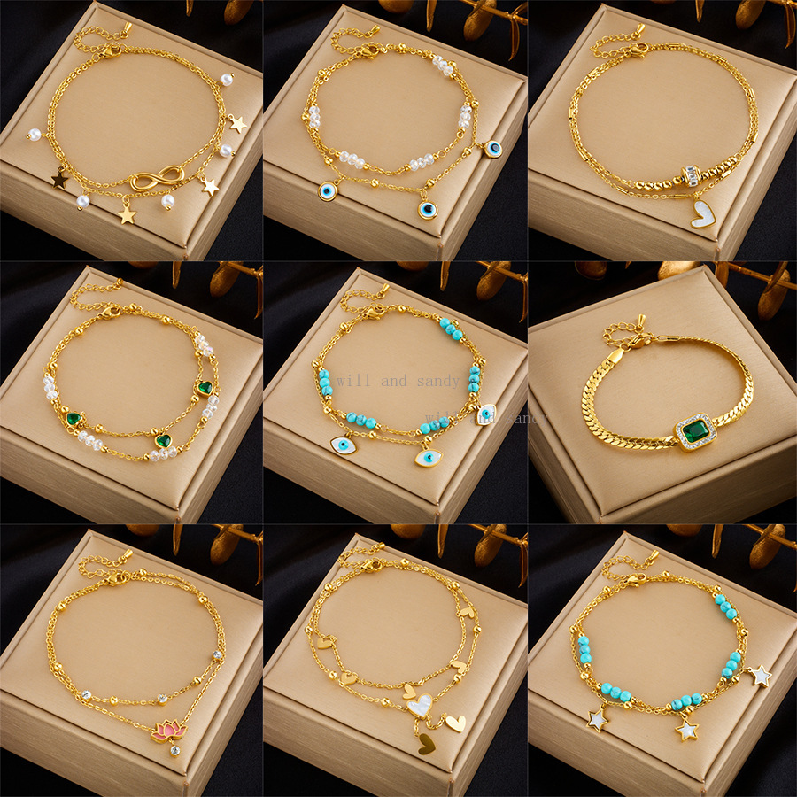 Non Tarnish 18k Gold Waterproof Anklet Chain Bracelet Designer Star Heart Cross Charm Dainty Layered Stacking Foot Chain for Woman Girls Summer Beach 
