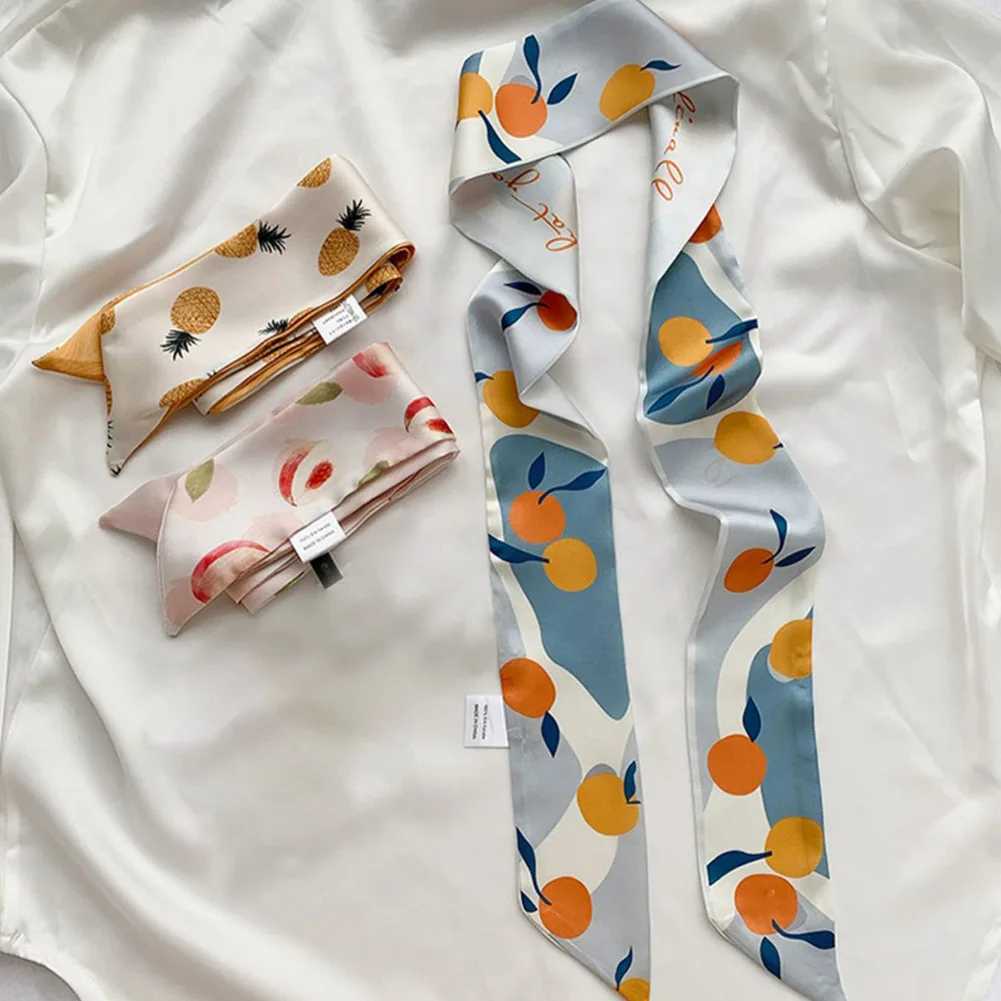 New Fashion Shawl Silk Fruit Printed Scarf 90cm Long Womens Handle Narrow Neck Scarf Tie X250319