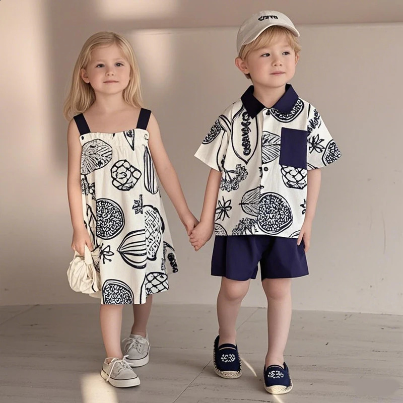 Summer 1-10 Years Old Brother Sister Clothes Girls White Dark Blue Suspender Dress Boys Cotton T Shirt Shorts 2PCS Suit 250319