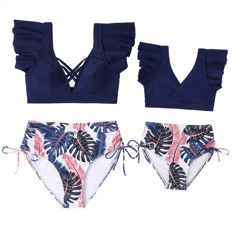 Ruffled Mother Daughter Matching Swimsuits Family Set O-Neck Mom Baby Mommy and Me Bikini Clothes Leaves Woman Girls Swimwear 250319