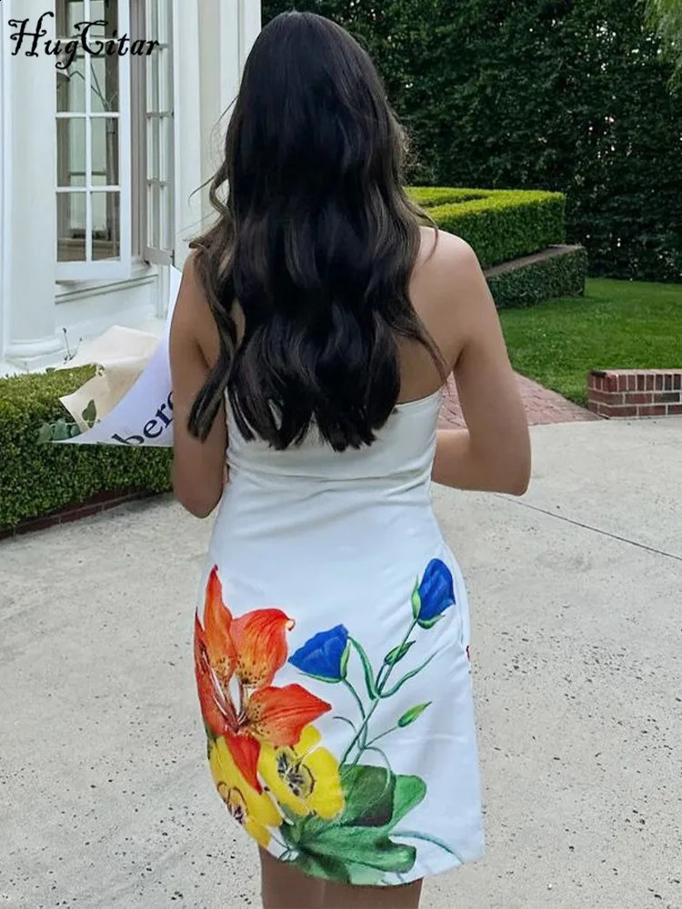 Hugcitar Elegant Flower Print Strapless Backless Sexy Bodycon Mini Dress Summer Women Y2K Outfits Birthday Beach Festival 250319
