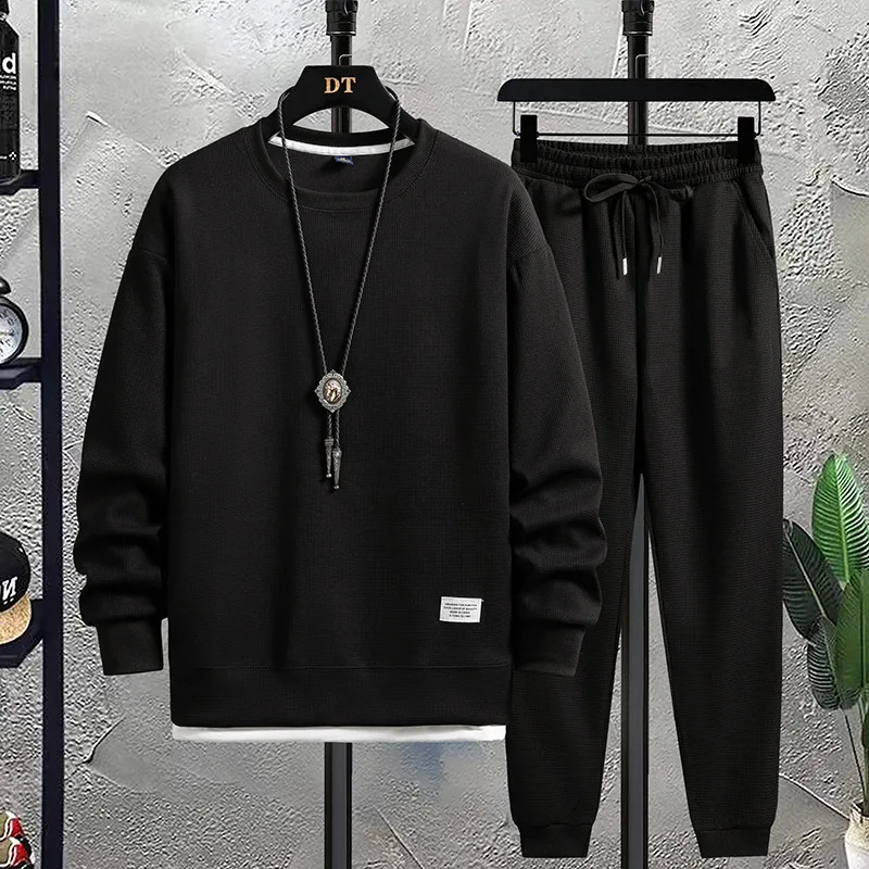 Mens Waffle Suit Sets Casual Long Sleeved Sweatshirt and Pants for Sports Tshirt Hoodie Trousers Set Loose Fit 250319