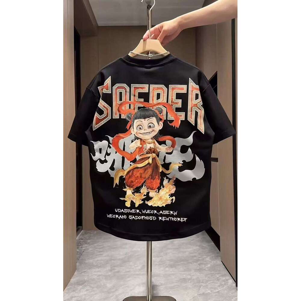 2025 Summer New Trendy Brand Nezha Printed Color Painting Rascal Handsome Casual Men's Short sleeved T-shirt Couple Top Primer