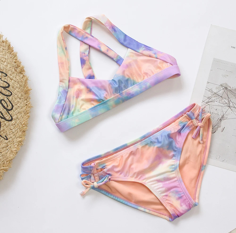 Teenage girl bandage bikini set tie dye print summer childrens swimsuit student twopiece 250319