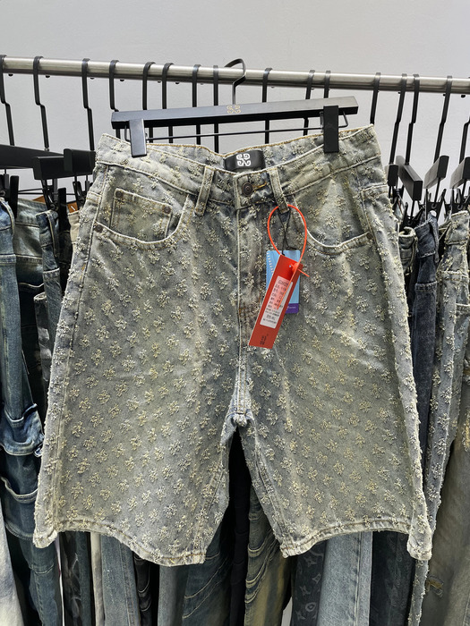 Summer Men Distressed Short Jeans Vintage Jacquard Straight Leg Mens Denim Shorts Pants 250317