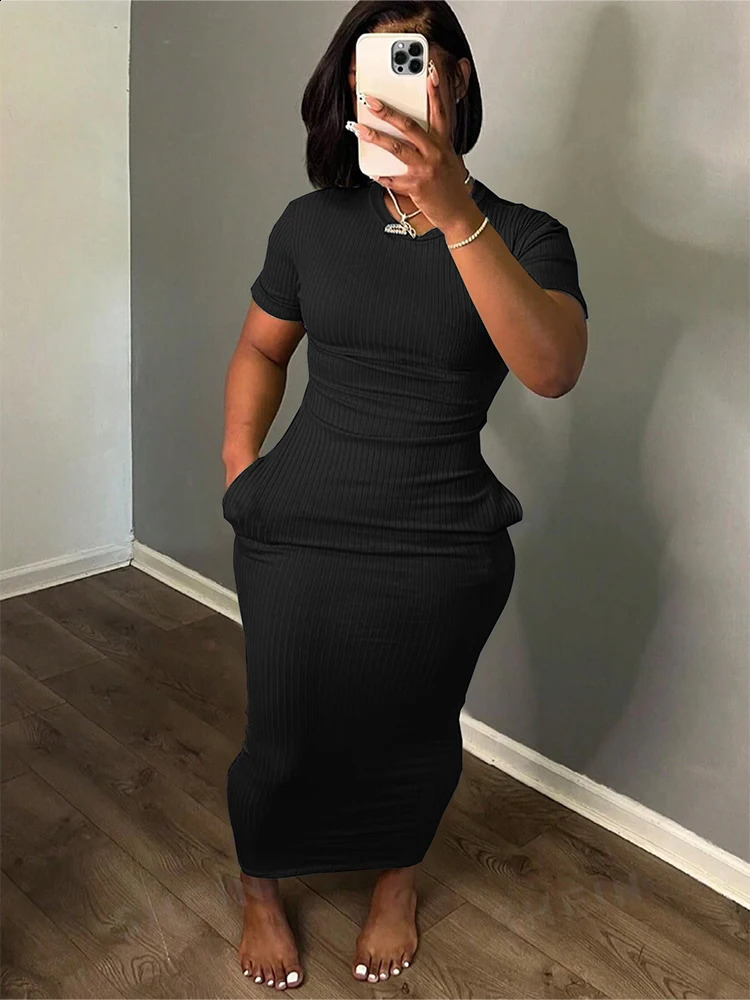 Plus Size 2024 Summer Round Neck Short Sleeve Ultra Thin Spicy Girl Fashion Solid Casual Tight Dress 250319