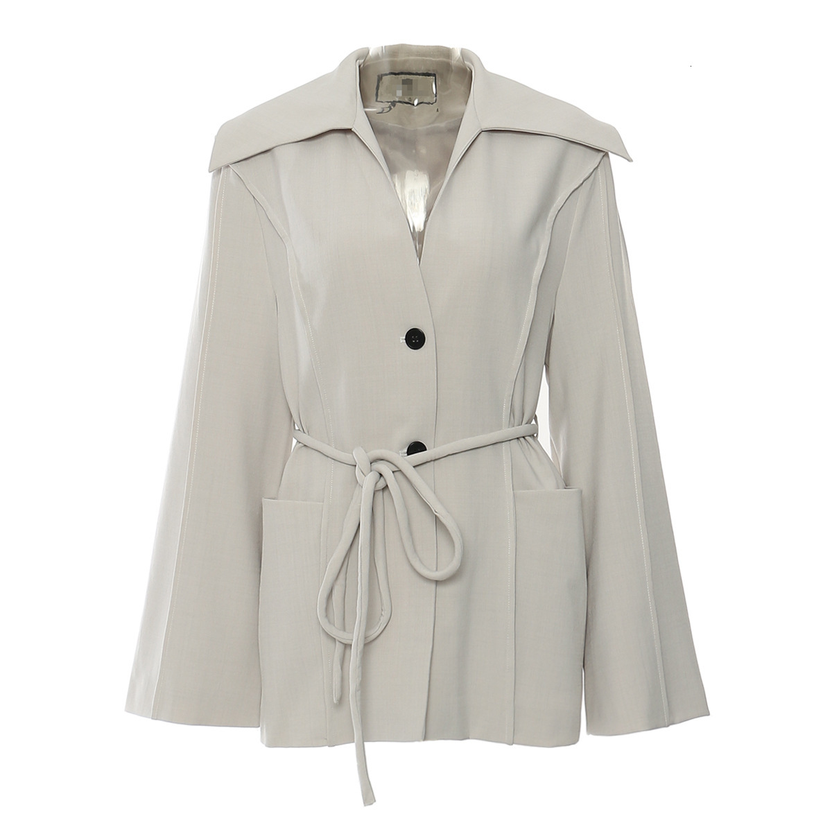 Women Gray Belted Pocket Elegant Big Size Blazer New V-neck Long Sleeve Jacket Fashion Tide Spring Autumn 2025 1DH7640